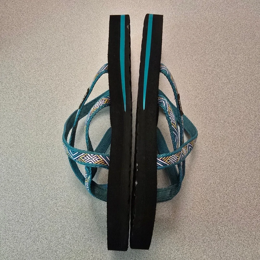 Teva Olowahu Sandals Womens Size 8 Black Teal Geometric Strappy Flip Flops Mush